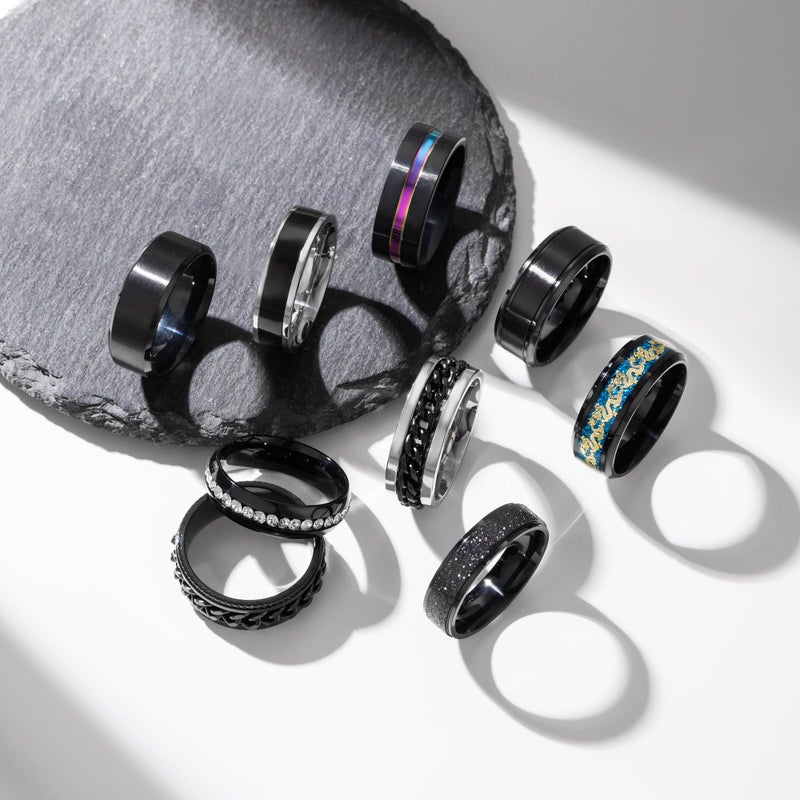 EIELO 9Pcs Stainless Steel Band Rings for Men Women Cool Fidget Spinning Chain Ring Anxiety Relief Fashion Simple Wedding Engagement Black Ring Set - Image 3